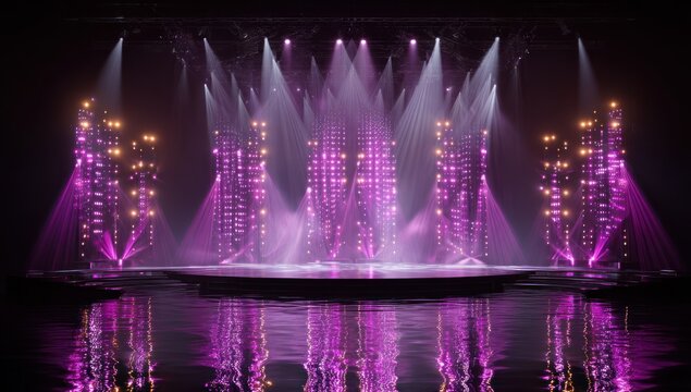 Dramatic concert stage lit with pink and white lights, mirrored surface, dramatic effect