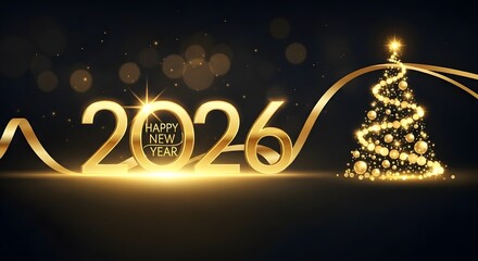 Happy new year 2026 golden design with christmas tree and ribbon on dark background, perfect for festive celebrations and greetings
