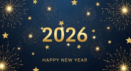 Celebrate the arrival of the year 2026 with a dazzling display of golden stars and sparkling fireworks against a deep blue backdrop, wishing a happy new year