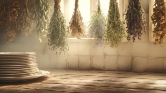 A kitchen scene with herbs hanging to dry above a wooden counter and a stack of plates