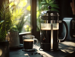 French press coffee brewing scene
