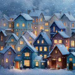 Cozy winter village with snow covered houses glowing warmly under falling snowflakes, creating peaceful and festive atmosphere in charming small town scene