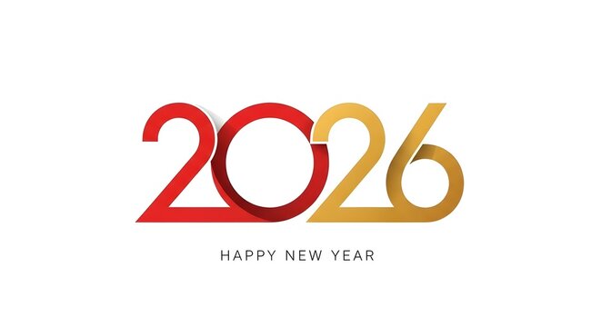 Elegant 2026 happy new year greeting card design featuring a modern, minimalist style with red and gold numbers isolated on white background - Powered by Adobe