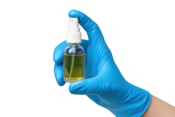 Hand in blue medical glove holding a spray bottle with an antiseptic solution, practicing hygiene and disease prevention