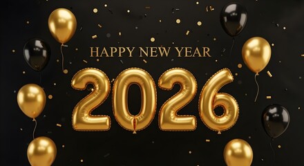 Celebrate new year 2026 with golden balloon numbers and confetti against a black backdrop, perfect for festive decorations and party invitations, modern design