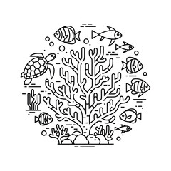 Underwater coral reef ecosystem with fish and sea turtle, marine life, isolated on