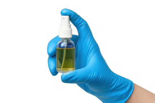 Hand in blue medical glove holding a spray bottle with an antiseptic solution, practicing hygiene and disease prevention