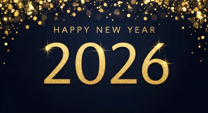 Happy new year 2026 banner with golden glitter numbers on dark blue background and bokeh lights, festive celebration design for holiday season greetings