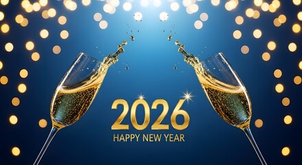Two champagne glasses clinking to celebrate the new year 2026 with golden bokeh lights on a blue background, wishing a happy and prosperous year ahead