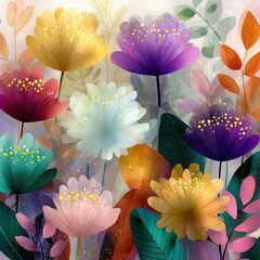 Winter floral illustration with soft translucent petals in vibrant colors and delicate leaves creating dreamy and elegant botanical design