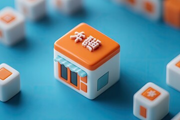 Miniature shop, stylized as 3D blocks, set against a teal background