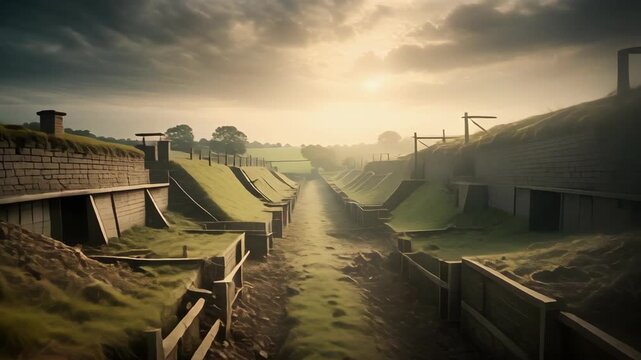 Perspective view of a path between parallel storage spaces cut into hillsides under a cloudy sky.