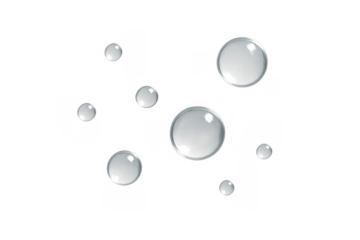 Transparent water drops and bubbles on a clear background, creating a refreshing liquid effect for various design projects