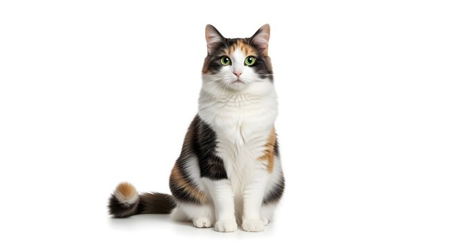 Cat standing on white background displaying alert playful posture for pet engagement concept and educational materials about attentive feline behavior