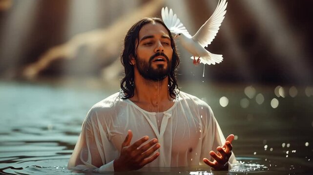 Man during baptism with holy spirit dove floating above. Christian religious scene of rebirth and redemption.