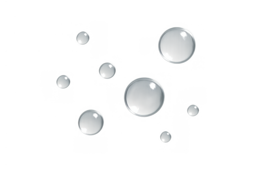 Transparent water drops and bubbles on a clear background, creating a refreshing liquid effect for various design projects