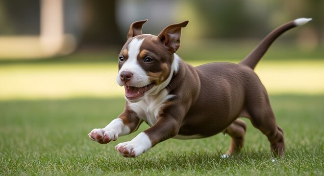 Energetic puppy running outdoors on grass expressing joyful playful canine spirit for pet lifestyle promotion and animal care educational materials