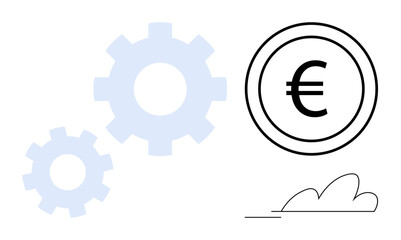 Gears symbolize processes and Euro coin represents currency, economy, finance. Ideal for business, technology, trade, teamwork, innovation automation banking. Simple flat metaphor