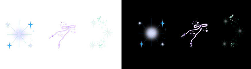 PNG image of Collection of sparkling light effects and decorative elements featuring stars bows and hearts for graphic design and creative projects on transparent background