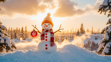 Joyful snowman wearing a hat and scarf in a snowy forest at sunset