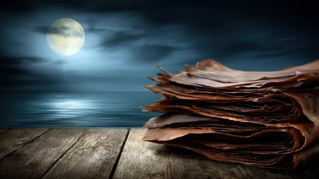 A stack of parchment on a weathered wooden surface, beneath the moonlit sky and serene water