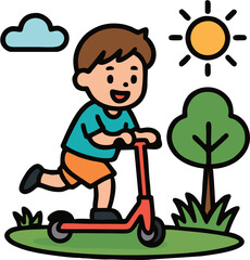 Happy Boy Riding Scooter – Cute Outdoor Cartoon Illustration