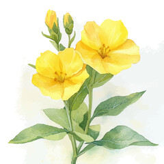 Evening Primrose Flower, watercolor vector, isolated on a white background.