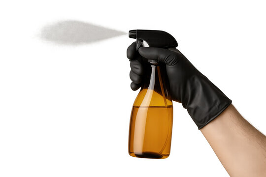 Hand in black glove spraying disinfectant mist from amber bottle, concept for cleaning and hygiene during pandemic