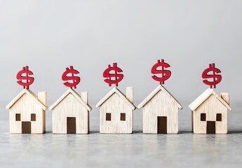 Small wooden houses with dollar signs atop, representing real estate investment