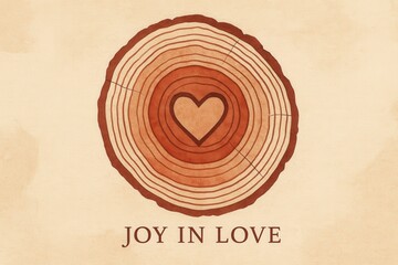 Circular wood grain illustration with heart emblem at center symbolizing love and connection in nature expressing deep emotional bonds and organic unity
