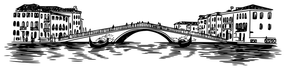 Obraz premium Panoramic Hand Drawn Vector Illustration of Venice Canal with Bridge and Gondolas