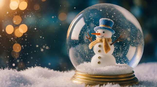 Charming snowman inside a festive snow globe with bokeh lights