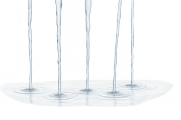 Water streams pouring down, forming a clear puddle with concentric ripples and splashes, symbolizing freshness and purity