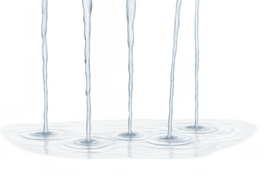 Water streams pouring down, forming a clear puddle with concentric ripples and splashes, symbolizing freshness and purity