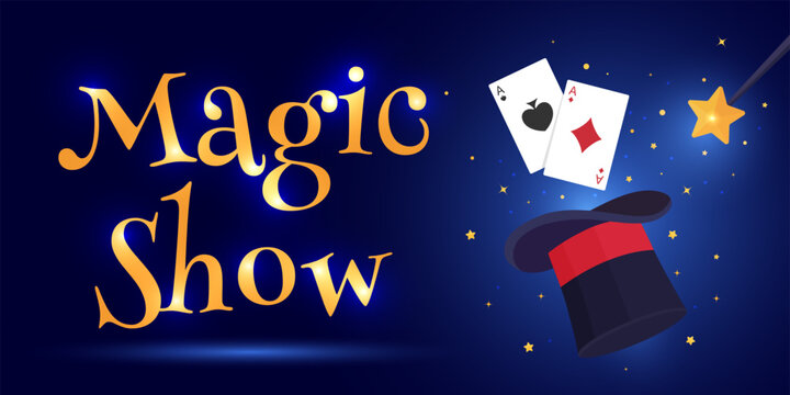 Bright vector banner with magic hat, flying cards and wand on a glowing night background. Ideal for magic show promotions, posters, ads, theatre events and creative digital designs.