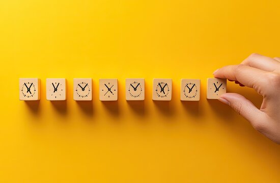 Hand placing a wooden block with clock face