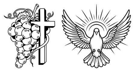Hand Drawn Vector Illustration of Christian Cross with Grapes and Holy Spirit Dove