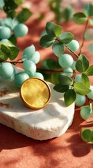 Matte gold coin on organic travertine stone, biophilic workspace with vines. A matte gold coin on organic travertine for an eco-wealth aesthetic.