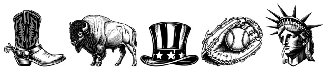 Collection of Vintage Hand Drawn Vector American Symbols with Bison and Statue of Liberty © Tomas