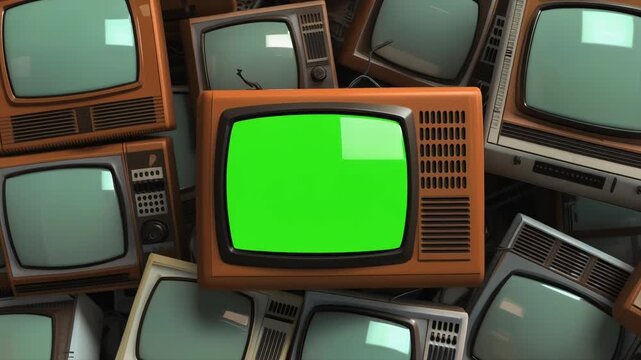 Pile of old retro televisions with green screen chromakey effect for broadcast news, tv show insert or vintage advertisement template