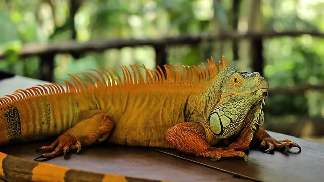 A brown iguana is active under the hot sun at a zoo in Lombok, Indonesia.
