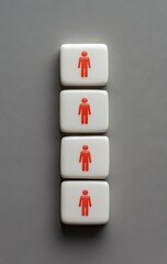 Four small, white square tiles, vertically aligned, each bearing a red silhouette of a person