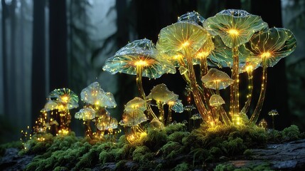 Macro glowing mushrooms ooze light through creamy caps, rising from moss like tiny aliens—ideal for sci-fi poster, game asset or nature-doc cover.