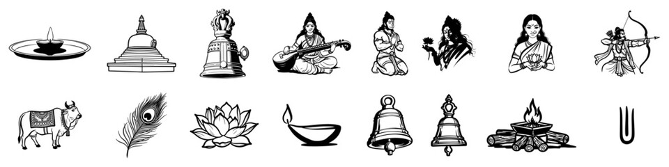 Hand Drawn Collection of Hindu Deities and Sacred Worship Symbols
