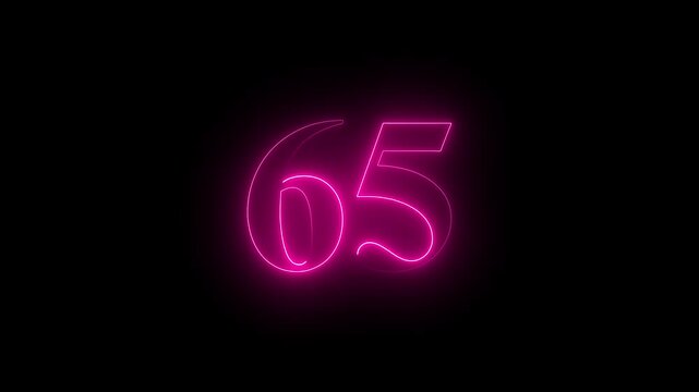 neon glowing text 65 number countdown icon on black background 4k animation. Neon number 65 with alpha channel.