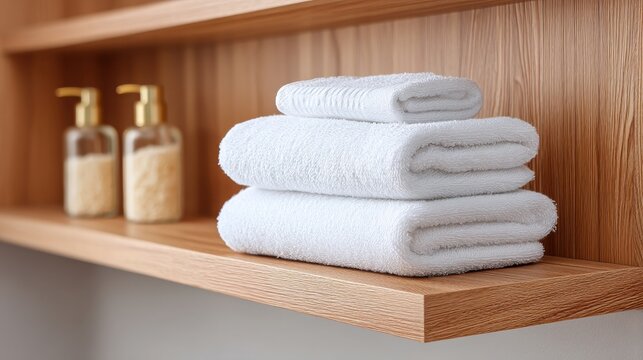 minimalist student apartment Neatly stacked towels on a wooden shelf next to elegant soap dispensers.