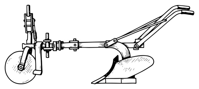 Detailed Vector Sketch of Antique Agricultural Plow with Wheel for Traditional Farming