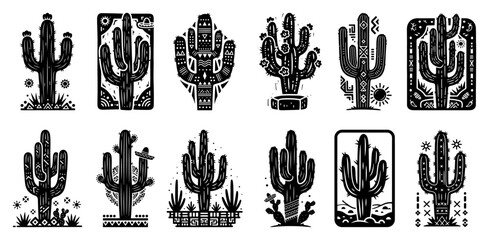 Collection of Hand Drawn Vector Cactus Illustrations with Mexican and Tribal Ornaments © Tomas
