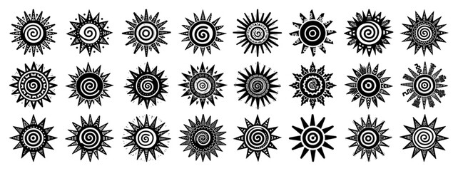 Set of Hand Drawn Vector Tribal Sun Symbols in Ethnic and Boho Style