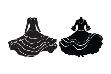 Two elegant black flamenco dresses with ruffled skirts on white background
